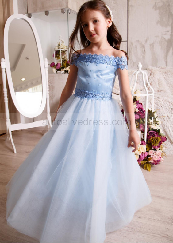Off Shoulder Sky Blue Lace Tulle Corset Back Flower Girl Dress Off Shoulder Sky Blue Lace Tulle Corset Back Flower Girl Dress